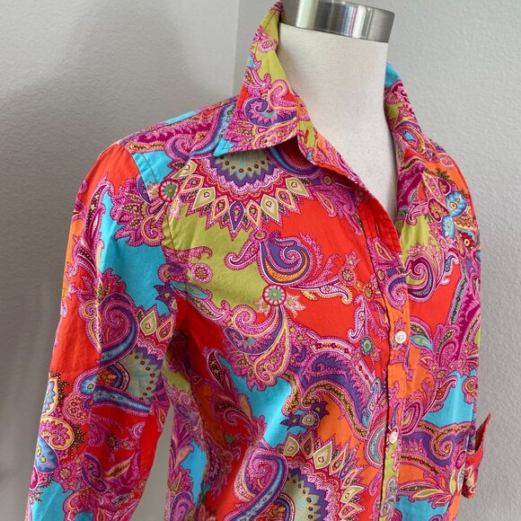 Chaps Womens Medium Paisley Button Up Shirt Vibrant Colorful Blouse 3/4 Sleeve - Picture 2 of 8